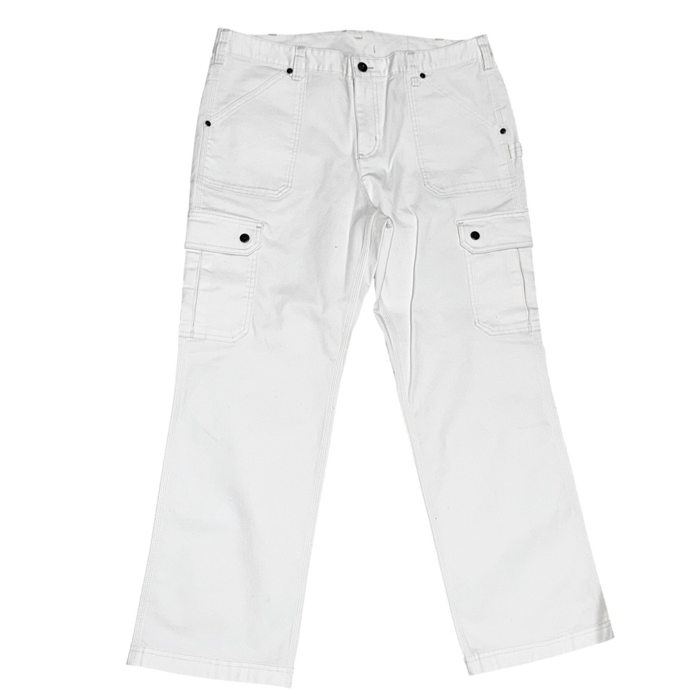 Duluth Trading Fire Hose Cargo Pants Women 14x29 White Canvas‎ Work Utility